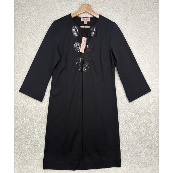 NWT Chicos Black Label Embellished Bow Dress Womens Size 4 Sequin 3/4 Sleeve - Picture 1 of 8